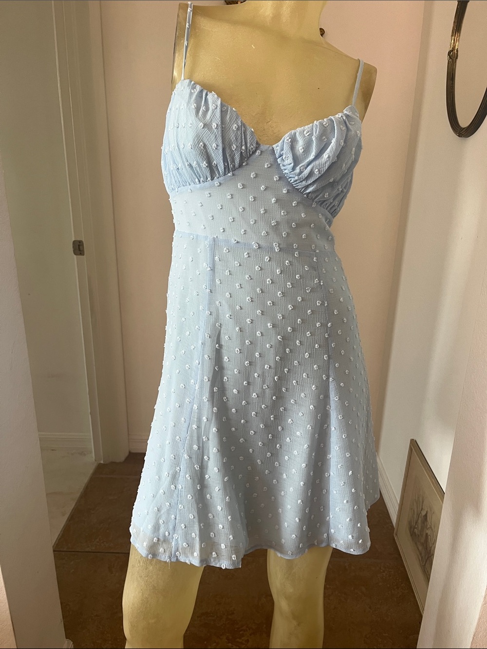 Hello Molly Light Blue Swiss Dot Spaghetti Strap Dress